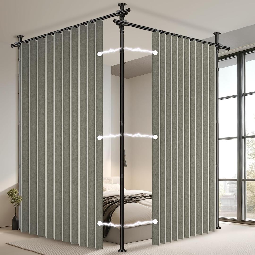 100% Blackout Room Divider Curtains Sets Grey 2 Panels W100 x L96in No Drill Curtain Rods(H) 43-120×(W) 35-200 in for Bedroom Privacy Partition Separator