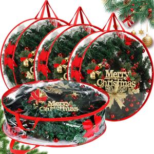 Shappy 4 Pcs 36 Inch Back to School Wreath Storage Container Clear Wreath Storage Bags PVC Waterproof Garland Bags with Clear Window Dual Zippers and Handles for Holiday Artificial Garland (Red)