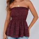 PRETTYGARDEN Women's Boho Tube Tops 2025 Summer Strapless Off Shoulder Eyelet Smocked Peplum Trendy Going Out Bandeau Top (S)