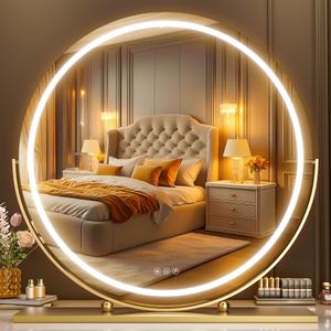Hasipu Vanity Mirror with Lights, 27.6" LED Big Makeup Mirror, Lighted Makeup Mirror with Lights, Smart Touch Control 3 Colors Dimmable Round Mirror 360°Rotation Gold