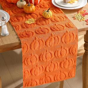 Fall Table Runner, Orange Pumpkins 3D Faux Fur Table Runners, Soft Thanksgiving Halloween Table Decor for Indoor Outdoor, Autumn Home Party Decor, 13*37 Inch