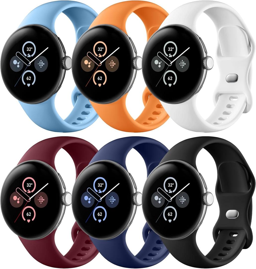 Maledan Compatible with Google Pixel Watch 4 Band 41mm 45mm/Google Pixel Watch 3/2/1 Band Women Men, 6 Pack Soft Silicone Waterproof Sport Wristband Replacement Straps for Pixel Smartwatch Accessory (4-Blue/Orange/White/Red/Dark blue/Black)