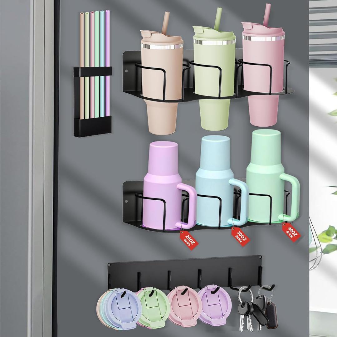 Magnetic Cup Holder for Fridge, 4-Piece Set Water Bottle Organizer for Stanley 20/30/40 oz with Straw and Tumbler Lid Organizer,Kitchen Pantry Organizers,Super Magnetic Cup Holder for Stanley (Black)