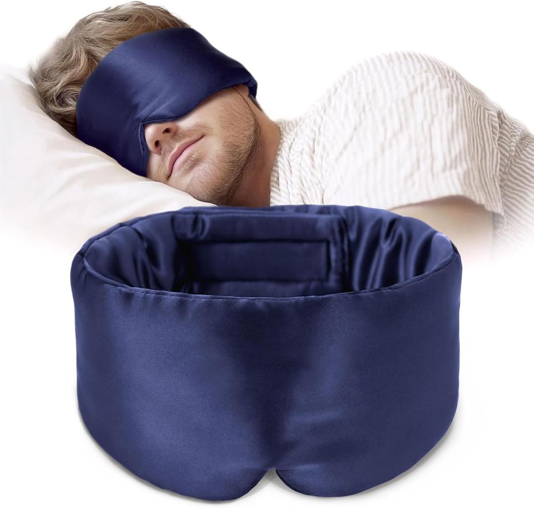 Silk Sleep Mask Soft Pressureless: 100% Mulberry Silk for Eye Skin Anti Wrinkles, Large Size for Total Blackout, Adjustable Wide Velcro Ear Cover (Navy)