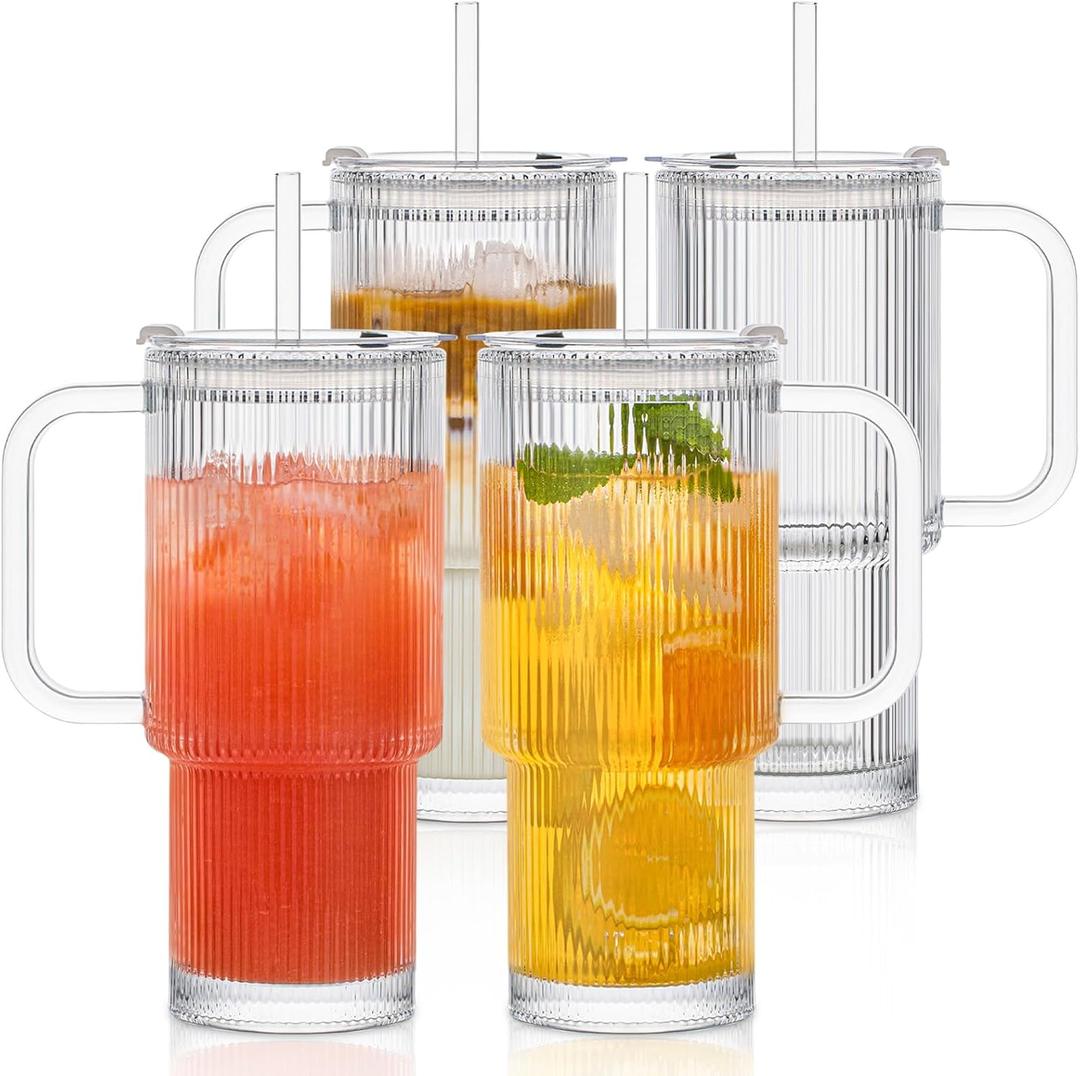 INSETLAN 24oz Ribbed Glass Tumbler with Handle & Lid 4-Pack Large Iced Coffee Cups with Straws, Modern Glass Mug for Cold & Hot Beverages, Aesthetic Travel Cup for Smoothies, Tea, and Juice
