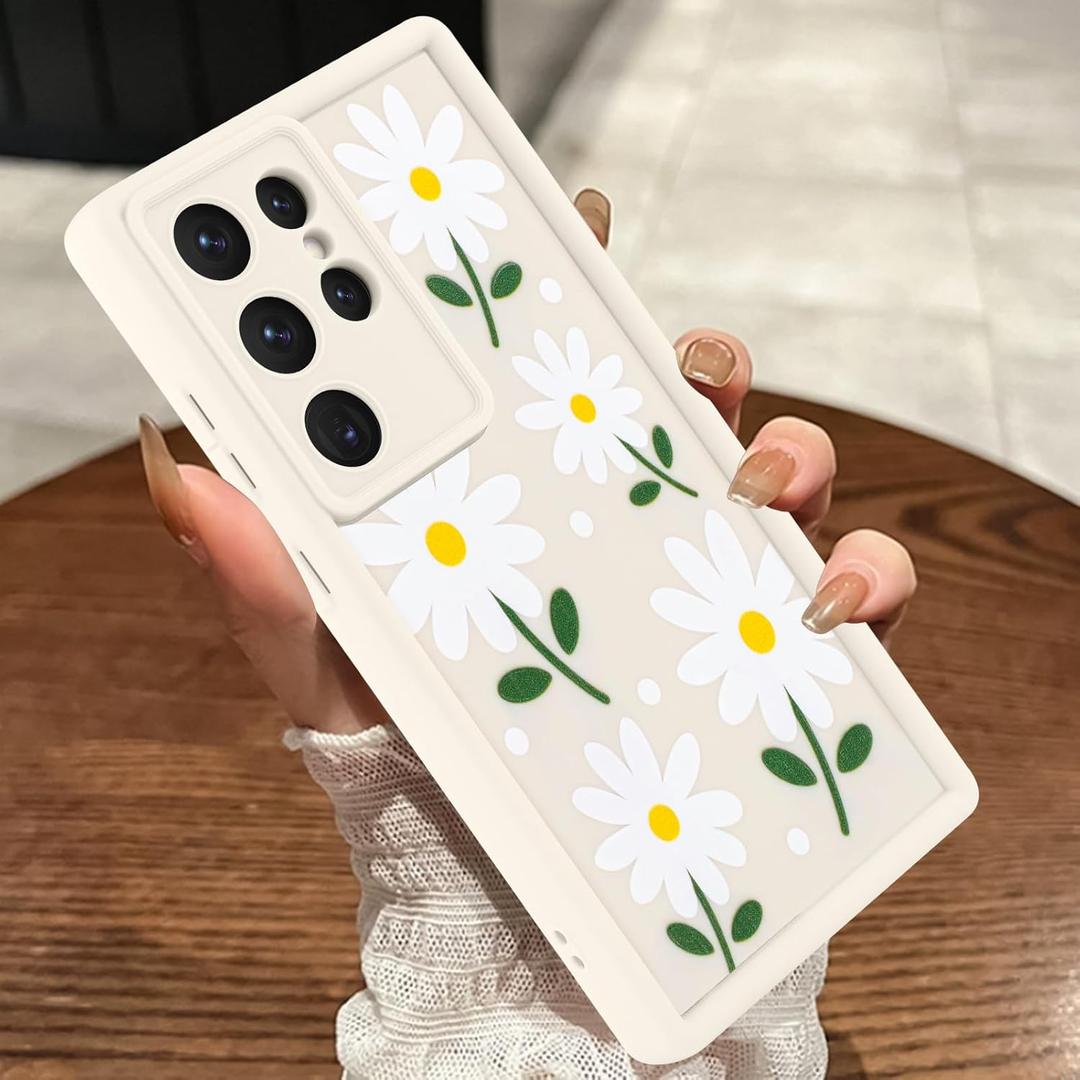 MOWIME Compatible with Samsung Galaxy S22 Ultra Case, Daisy Floral Shockproof Soft TPU Protective Cover for Women Girls, Slim Anti Scratch Case for Galaxy S22 Ultra 6.8 Inch, White
