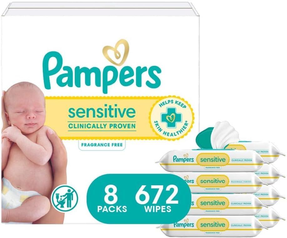 Pampers Sensitive Baby Wipes, Water Based, Clinically Proven, Hypoallergenic, and Unscented for Babies, 672 Wipes Total (8 Flip-Top Packs) 