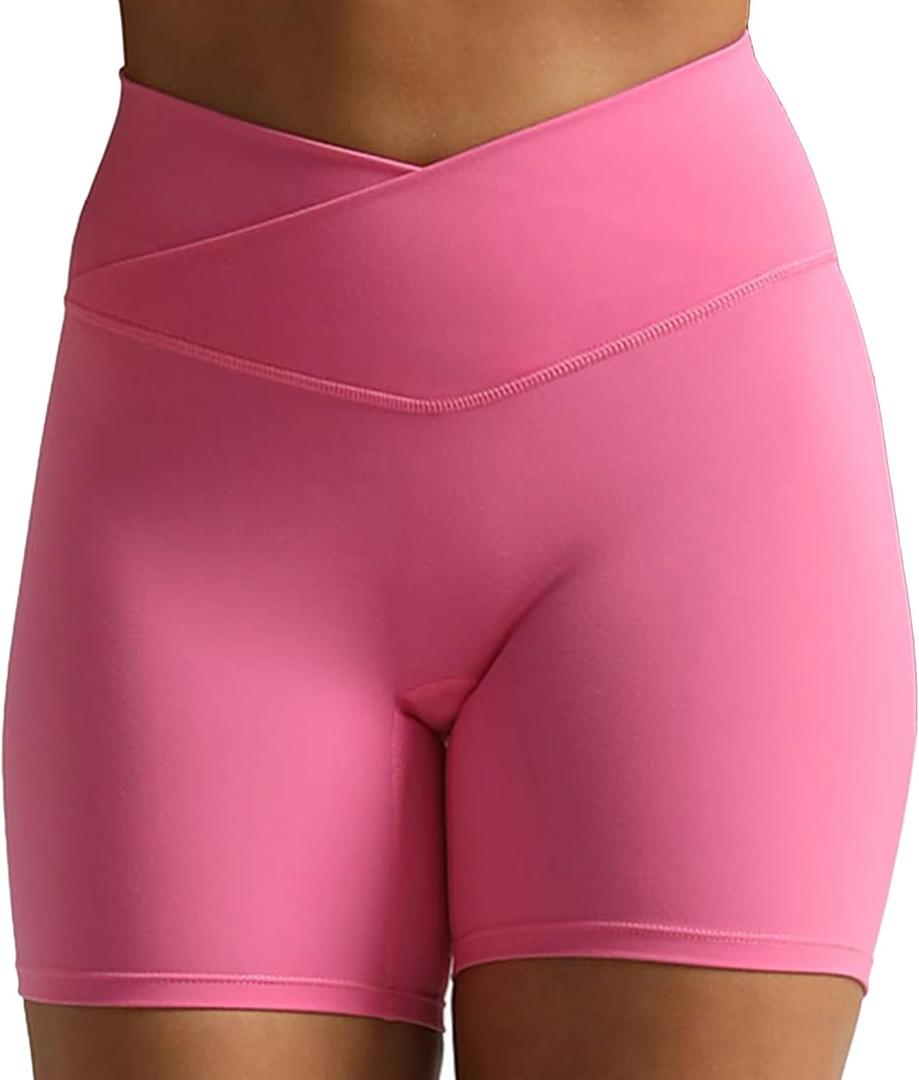 Aoxjox Trinity Workout Biker Shorts for Women Cross-Waist Crossover High Waisted Tummy Control Athletic Running Yoga Short 6" (Large, Azalea Pink)