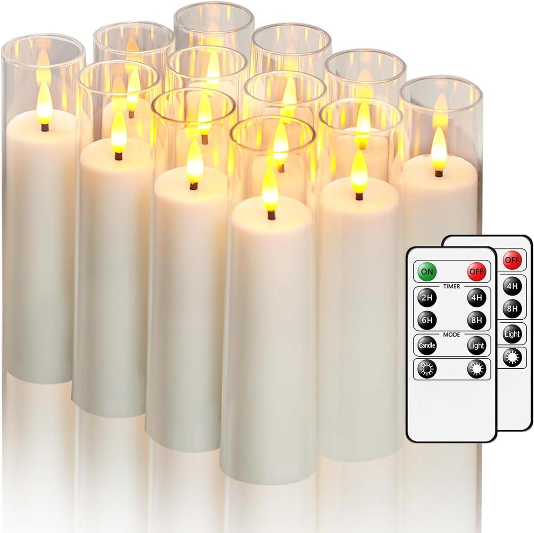 12 Packs White Flameless Candles, Small Battery Operated Candles, Slim LED Flickering Candles with Remote for Home Bookshelf Bedroom Halloween D:1.57xH:6 inch