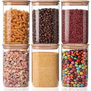 YUNCANG Glass Storage Jars 6 Pack 37oz Clear Glass Food Storage Containers with Airtight Bamboo Lid Stackable Kitchen Canisters for Candy,Cookie,Rice,Sugar,Flour,Pasta,Nuts and Spice Jars(Square)