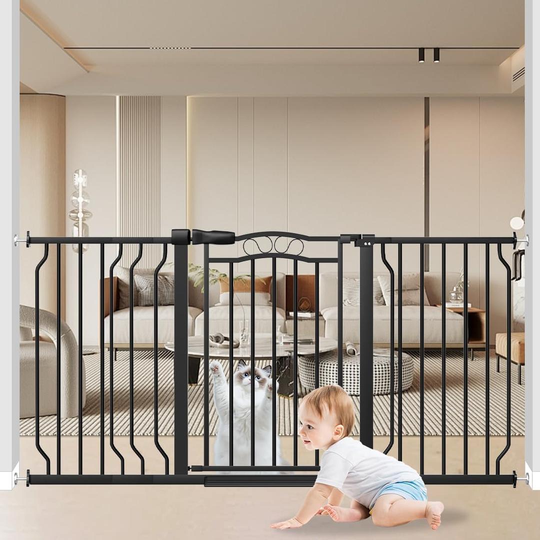 Extra Wide Baby Gate 53-62 Inch, Pressure Mounted Dog Gate Indoor, Walk Thru Pet Gate for Cat Dog Child,Pet Gates for The House Doorway Black