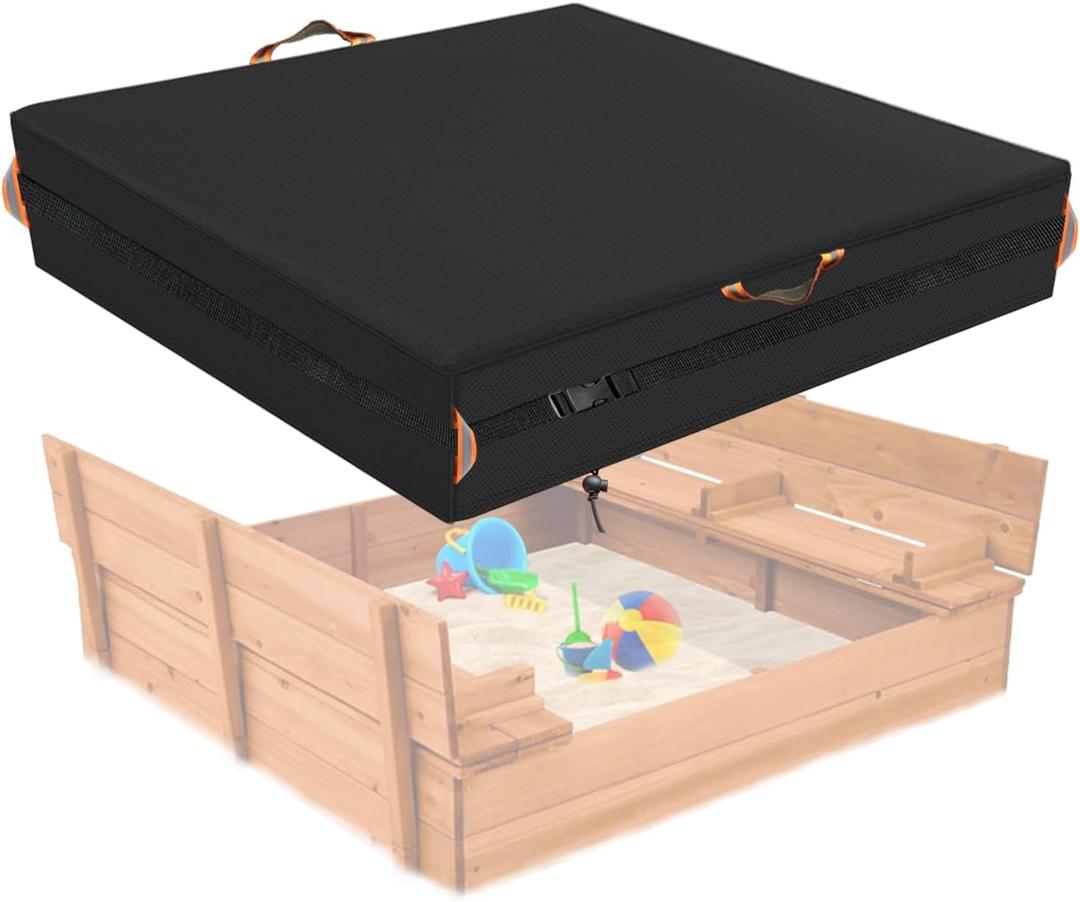 Square Sandbox Cover, Made 600D Heavy Duty for Children's Sandbox Protection Kids Outdoor Sand Boxes Sandpit, with Two Reflective Handles,5 Metre Drawstring and snap47.2" L x 47.2" W x 8" H