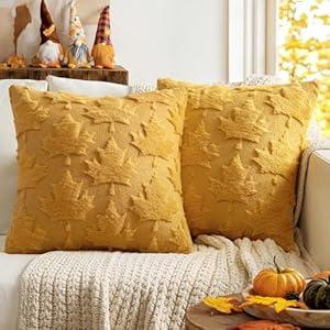 MIULEE Fall Throw Pillow Covers 18x18 Mustard Yellow Set of 2 Decorative Solid Maple Leaf Pattern Pillow Covers Soft Plush Faux Wool Couch Pillow Covers for Couch Bed Room