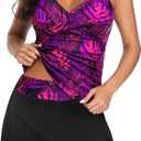 Womens Tankini Bathing Suits with Skirt Two Piece Tummy Control Swimsuits Ladies Swimwear (XX-Large, Purple Leaf)