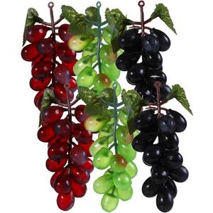 Liobelon 6 Bunches Plastic Fake Grapes, Artificial Red Green Black Grape Lifelike Fruit for Wedding Prop Basket Display Kitchen Decoration,  Red, Green, Black