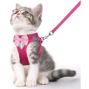 Cat Vest Harness and Leash Set for Walking Escape Proof, Adjustable Kitten Harness Breathable Mesh with Reflective Strips Harness for Kitty Puppy Bunny (Pink,XS)