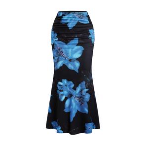 BEAUDRM Women's Floral Elegant Maxi Skirt Ruffle Hem Ruched Fishtail Bodycon Long Skirts Vacation Going Out Outfits Blue X-Large