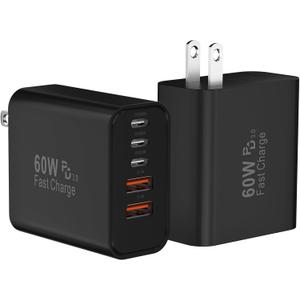 USB C Fast Wall Charger Block, 2Pack 60W USBC Charging Cubes, 5-Port PD+QC Power Adapter Multiport Brick Type C Box Plug for Phone 16/15/14/13/12/11/Pro Max/Plus, Pad Mini/Pro/S25/S24-Black