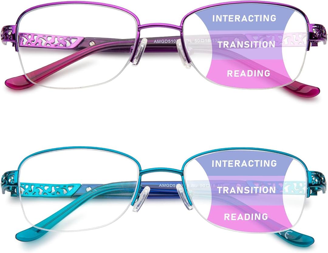 DEHOTRE Progressive Multifocal Reading Glasses Women No Line Bifocal Readers with Nose Pad Metal Half Frame Mid-Near Range