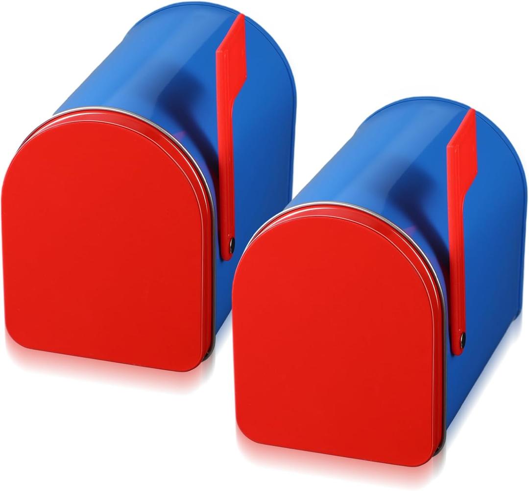 Tandefio 2 Pcs 5'' x 3'' Tinplate Mailbox Toy Mini Tin Christmas Small Decorative Mailbox DIY Craft for Boys and Girls Greeting Card Exchange Valentines Gift Prize Supply(Royal Blue)