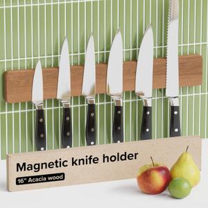Knife Magnetic Strip 16" Acacia Wood Natural Beech – Magnetic Knife Holder for Wall no Screws – Kitchen Utensil Holder, Knife Bar, Knife Rack, Kitchen Organizer and Tool Holder
