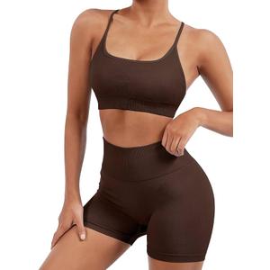 Women Seamless 2 Piece Workout Sets Criss Cross Sports Bra High Waist Booty Shorts XL