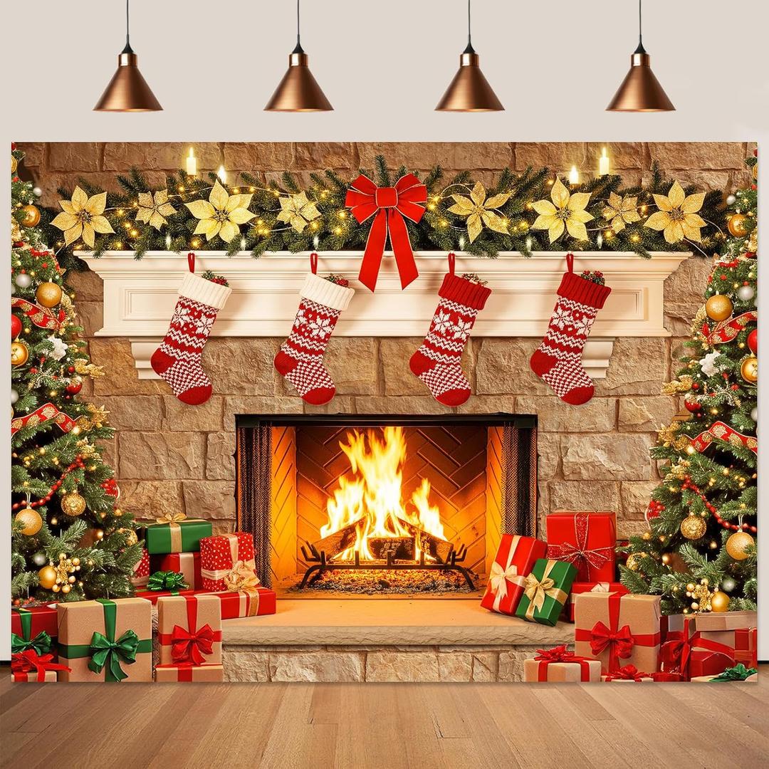 7x5Ft Christmas Backdrop for Photography Fireplace and Tree Merry Christmas Photo Backdrop for Party Retyshia Xmas Family Fireplace Decorations Banner Background Decor
