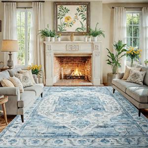 Washable 8x10 Area Rug - Living Room Large Rug Stain Resistant Carpet Vintage Carpet Bedroom Non-Slip Backing Home Decor Floor Decor Mat,Light Blue