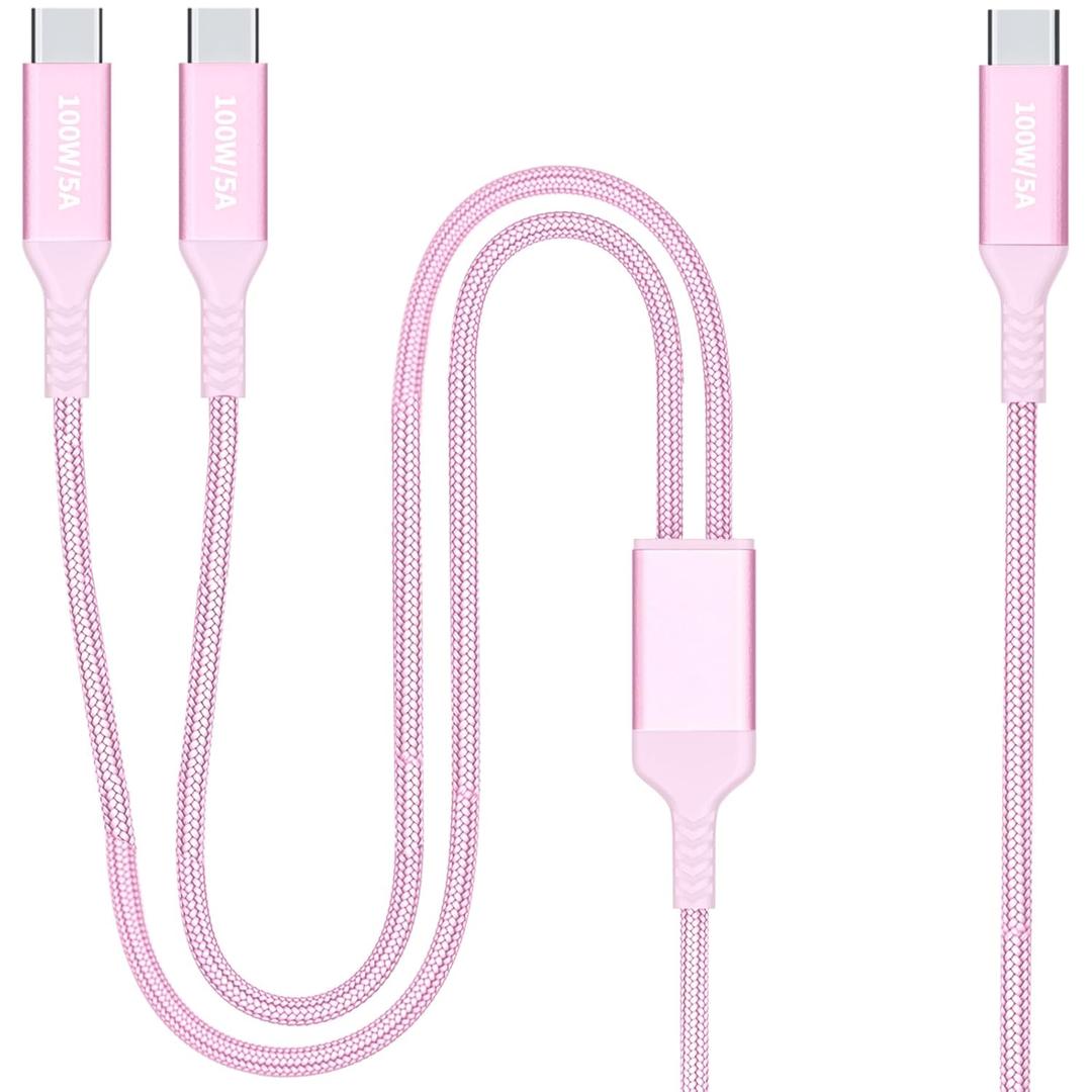 4FT 2 in 1 100W USB C to Dual Type C Fast Charging Cable,iPhone 15 USB C to Double Type c Cable for MacBook Pro/Air,iPad Pro/Air,iPhone 15 Plus/15 Pro Max,Samsung Galaxy S24/S23/S22/S21,Moto,Switch (Pink)
