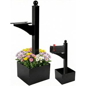 Colingmill 1 Set Iron Mailbox Posts with Planter Box for Outside 56 Inch / 4.6 ft Tall Decorative Mount with Flower Box Heavy Duty Architectural Post(Black)
