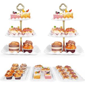 5 Pcs Dessert Table Display Set - 2 Pcs 3-Tier Dessert Display Stands & 3 Pcs Serving Tray - Dessert Trays Dessert Stands Treat Table Displays Set for Tea Parties,Birthdays & Baby Showers (White)