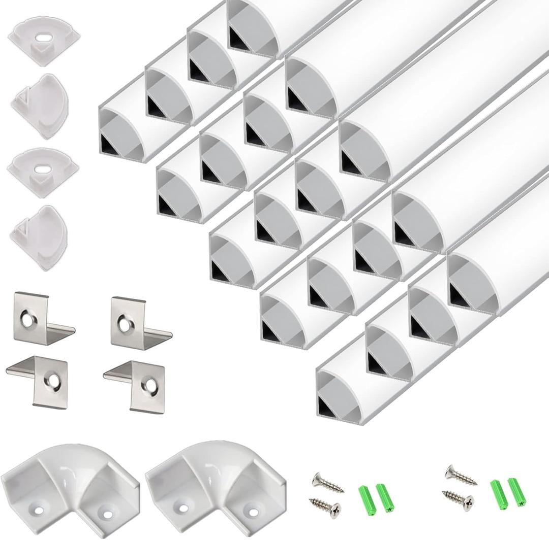 THMOOTHER V Shape 6.6FT 200CM LED Strip Aluminum Channel Diffuser, 20-Pack 16x16MM Anodized Silver Track with Curved Milky Cover, 8 Corner Connector and Mounting System