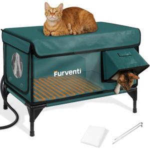 Heated Cat House for Outside,Dual Camera Mounts,100% Weatherproof & Extremely Insulated,Elevated Feral Cat Shelter with Escape Door,Waterproof Eaves for Outdoor Stray Barn Cat(Dark Green, XL)