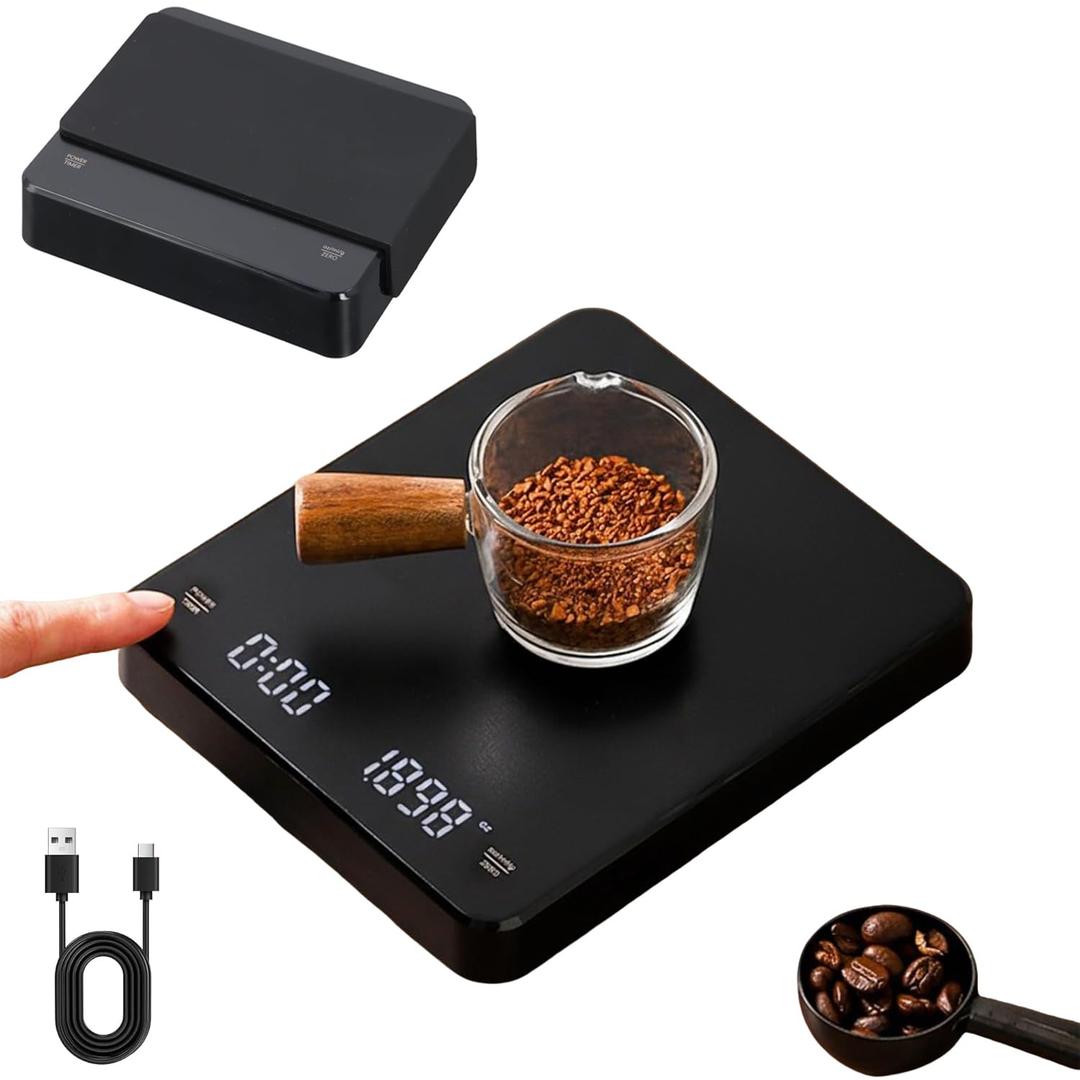 Rechargeable Digital Kitchen Scales, 0.1g Professional Precision Scales, Max Weight 3kg, Coffee Scale with Timer, Display, Tara Function, Cover, Kitchen Staircase for