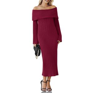Saodimallsu Womens Off Shoulder Maxi Sweater Dress Long Sleeve Bodycon Sexy Elegant Club Party Knit Dresses (Red, L)