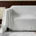 Sofa Cover for 3 Cushion Couch, Sectional Couch Cover Washable, Geometrical Jacquard Futon Couch Covers Protector for Dog, Decorative Sofa Covers with Tassels, Large, 71"x102", White