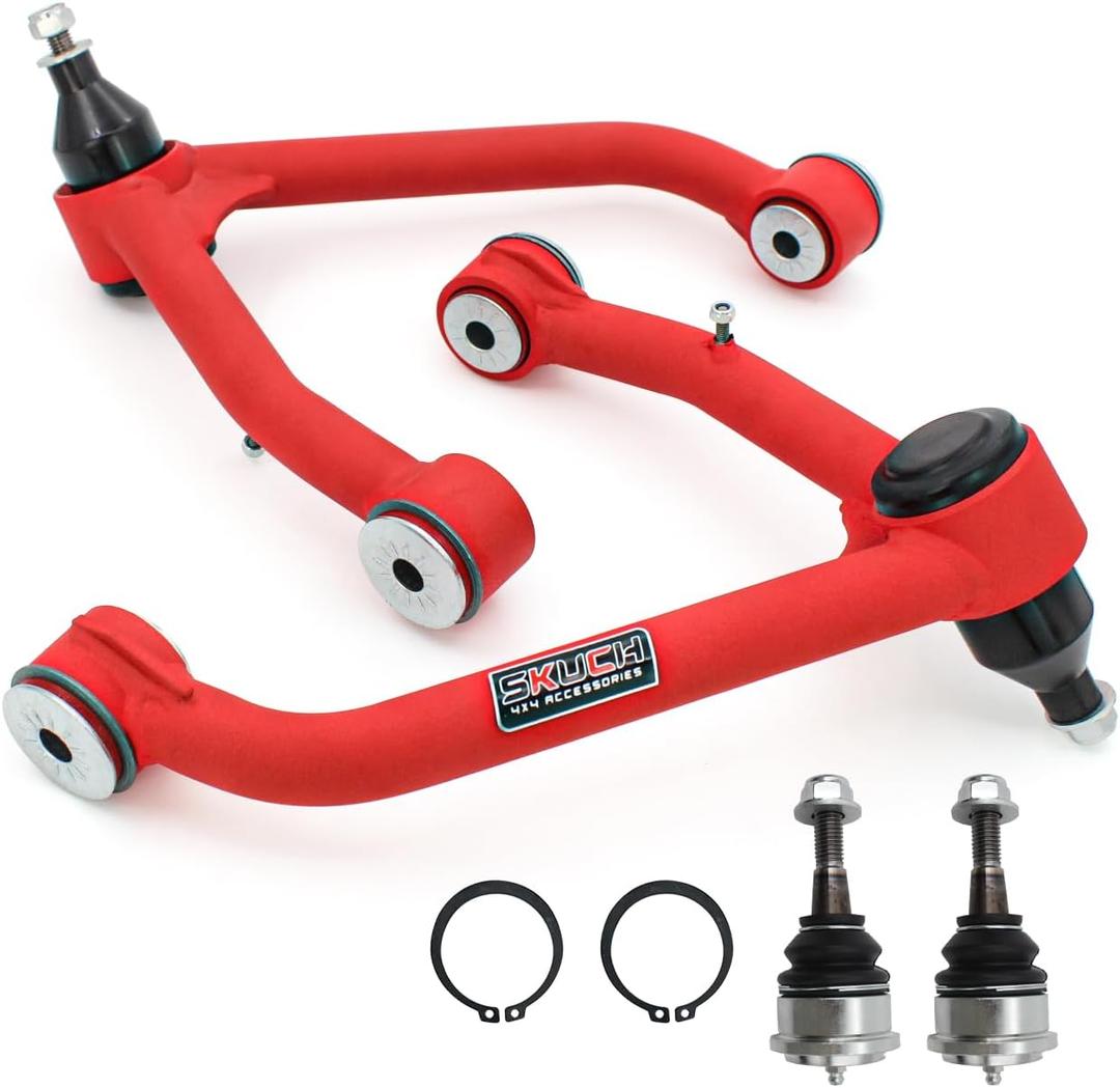 2-4" Lift Front Upper Control Arms for 2007-2018 Chevy Silverado GMC Sierra 1500, 2007-2013 Avalanche, 2007-2014 Suburban 1500, Tahoe, Yukon/XL, Escalade/ESV, 2 Replacement Ball Joints, Wrinkle Red