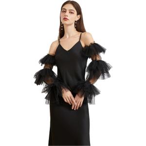 Huralona Women Long Puff Gloves Opera Velvet/Satin/Tulle Gloves Elbow Oversized Satin Ruffled Banquet Wedding Dance Party (Standard, Black)