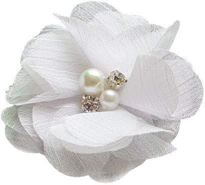 Chenkou Craft Pack of 12pcs Chiffon Flowers Ribbon Bows W/Beads 2-3/8" (60mm) Appliques Wedding Decor Bulk Lots (White)