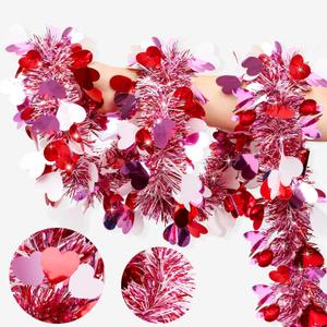 50FT Valentines Day Decor Red Pink White Heart Tinsel Garland Valentines Decorations Garland for Tree Party Classroom Fireplace Home, Galentines Day Decor Indoor Outdoor Romantic Party Decor