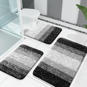 OLANLY Bathroom Rugs Sets 3 Piece, Soft Absorbent Microfiber Bath Mats and U-Shaped Contour Toilet Rug, Plush Shaggy Bath Mat Set for Bathroom (30"x20"+24"x16"+24"x20", Black) (30" x 20" + 24" x 16" + U Shape 24" x 20")