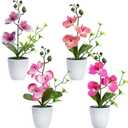 XONOR 4Pcs Artificial Orchid Flowers Mini Potted Orchid Flowers Fake Orchids with Plastic Vase for Home Office Wedding Table Centerpiece Decoration (Purple&Red)