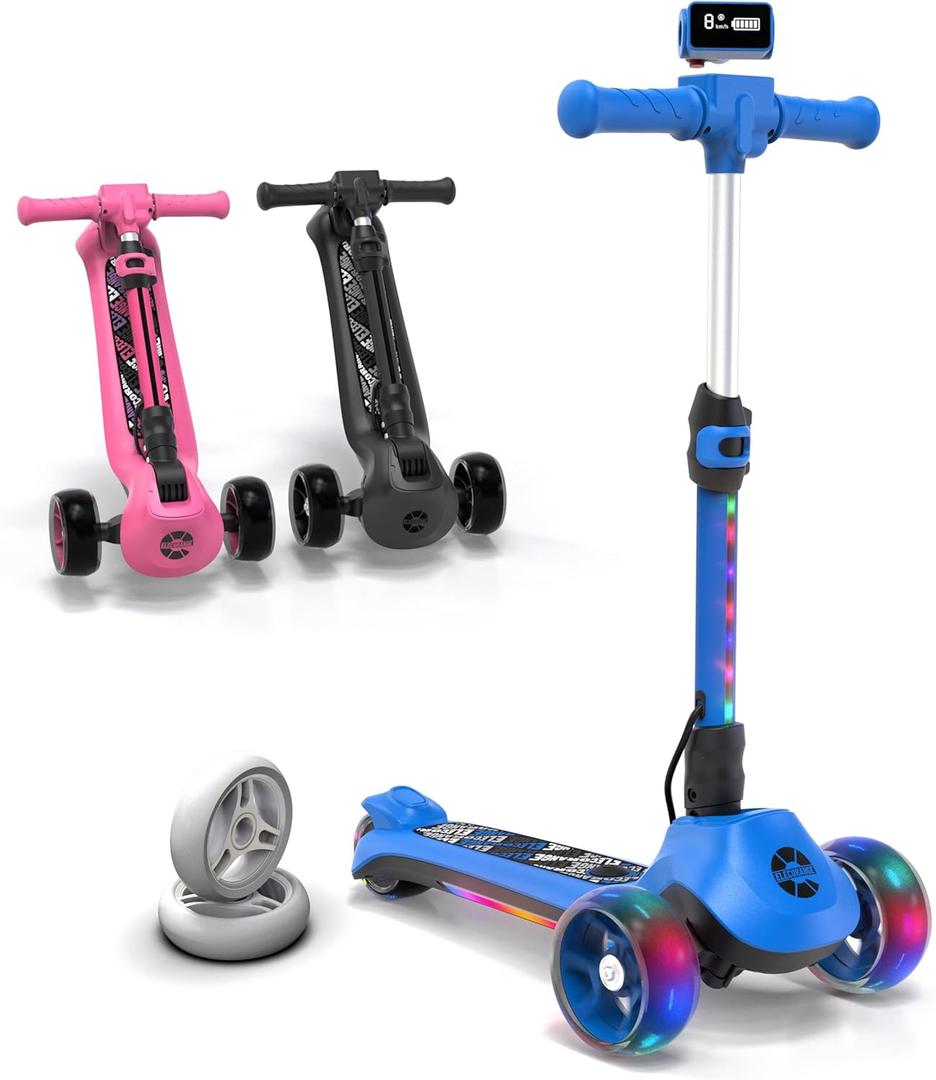 Elecorange T200/T500 Balance Electric Scooter for Kids Age 4-9, 2 Types Front Wheels, Electric Horn, Full Body Lights Up, Wide Deck, 5Mph Safe Speed, 70min Riding, Foldable Kick Scooter Boys & Girl (Sky Blue)