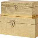 Set of 2 Wooden Decorative Nesting Storage Boxes, Gold Crocodile Leather with Clasp for Home Kitchen Living Room, Ideal Gift for Wedding Memories Jewelry Trinket