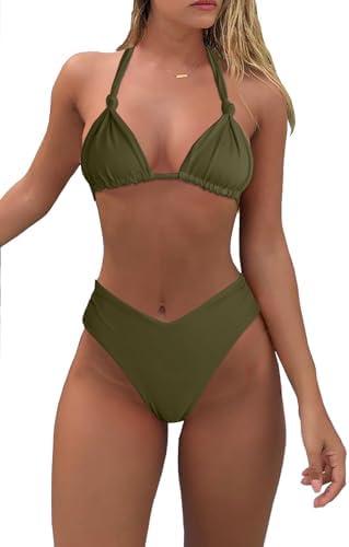 Bikini Sets for Women Sexy Halter Triangle String Bikini Cheeky V Cut High Waisted Thong Swimsuits 2 Piece Size M