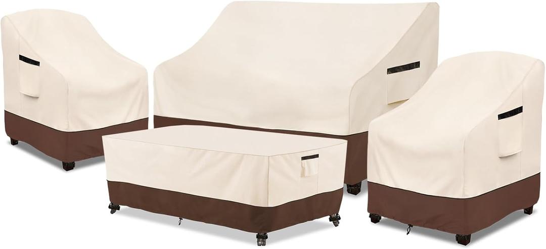 Rileytee Patio Furniture Cover Set, 600D Heavy Duty Waterproof 4-Piece Outdoor Furniture Covers, Fits Patio Loveseat, Chair and Coffee Table (Beige & Brown,Large)
