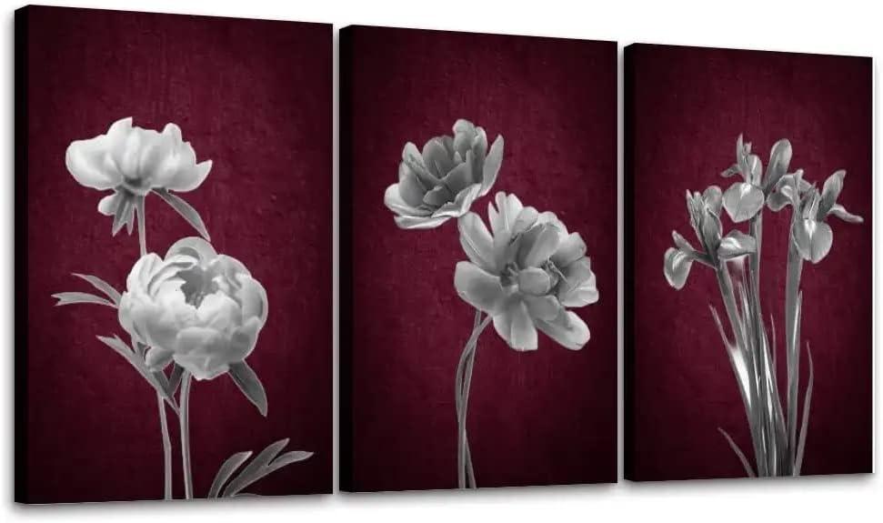 Rustic Wall Art Burgundy Black and White Floral Pictures Vintage Canvas Paintings Rustic Farmhouse Flower Artwork Framed Prints Ready to Hang for Bathroom Bedroom Office 16x24 Inch, 3 Panels