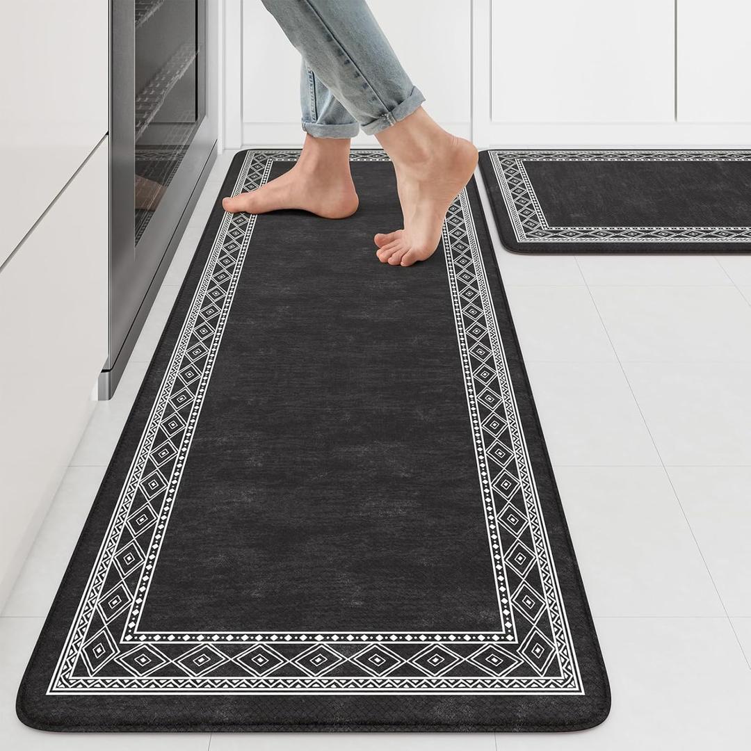 KIMODE Anti Fatigue Kitchen Mats 17"x47"+17"x29", Farmhouse Kitchen Rugs Sets of 2, Cushioned Non Skid Kitchen Mats for Floor, Comfort Kitchen Floor Mats for Sink Laundry Desk Black