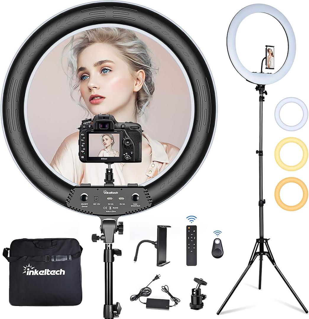 21inch Ring Light with Tripod and Phone Holder, 3000K-6000K Dimmable Bi-Color LED Light Ring for Makeup, Selfie, Vlog, YouTube Video, Camera - Control with Remote (21-inch)