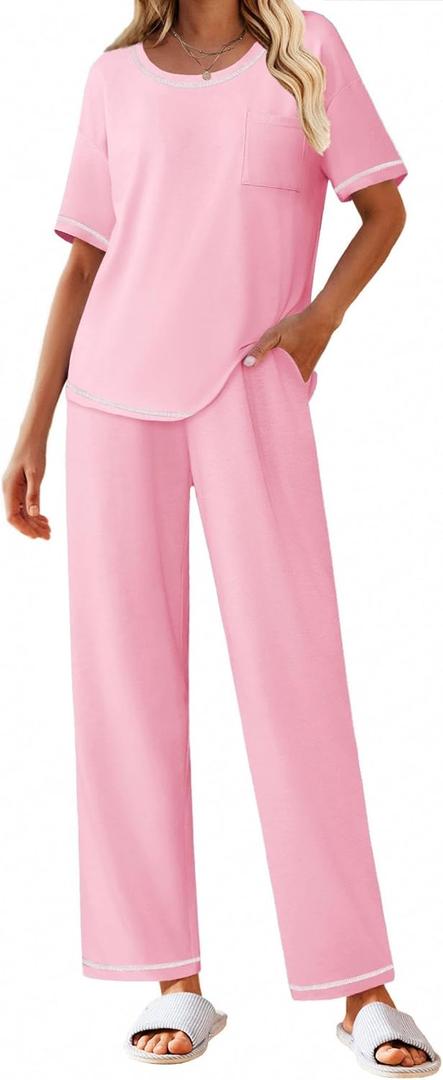 Ekouaer Cotton Pajamas Sets for Women Soft Contrast Piping Lounge Set 2 Piece Short Sleeve Pj Set with Pockets (Large, Pink)